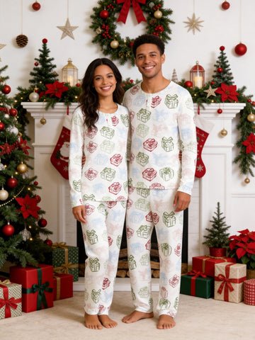 Pastel Christmas Gift Boxes and Ribbons Print 3-Button Henley Couple Matching Sleepwear