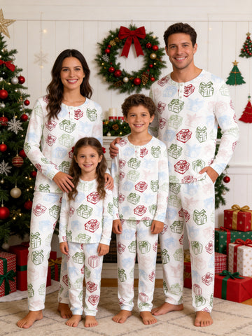 Pastel Christmas Gift Boxes and Ribbons Print 3-Button Henley Family Matching Sleepwear