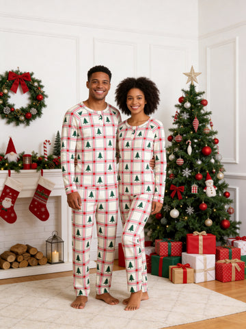 Pink and Red Tartan Plaid with Pine Trees Print 3-Button Henley Couple Christmas Pyjamas