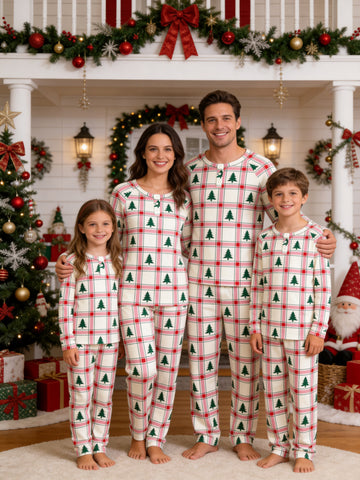 Pink and Red Tartan Plaid with Pine Trees Print 3-Button Henley Family Christmas Pyjamas