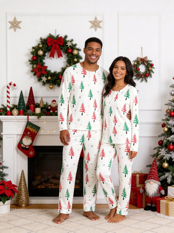 Starry Night Happy Typography Festive Print 3-Button Henley Couple Holiday Sleepwear