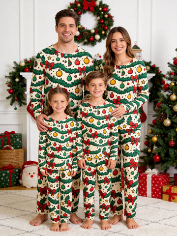 Festive Pine Garlands, Red Bows, and Ornaments Print 3-Button Henley Family Christmas Pajamas Set