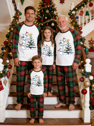 Stacked Snowmen & Christmas Tree Winter Holiday Tartan Plaid Matching Family Pajamas