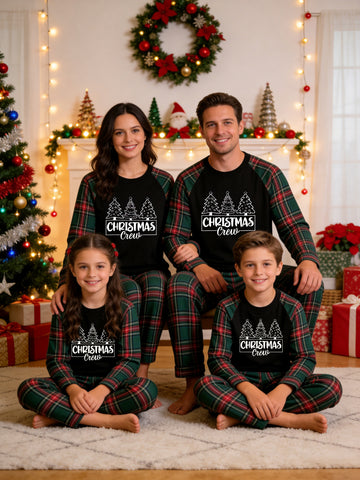 Family Matching Christmas Pyjamas Set - Red & Green Plaid Pants with 'Christmas Crew' 3-Trees Graphic Black Top