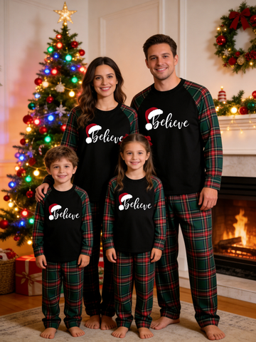 Holiday Family Matching Sleepwear Set in Red & Dark Green Tartan Plaid with Believe Santa Hat Graphic Top Classic Pullover Pajamas