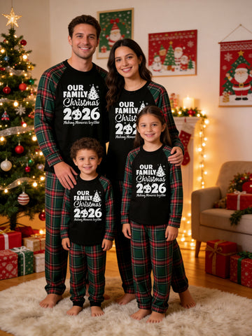 2026 Family Matching Christmas Pajamas Set in Red & Dark Green Tartan Plaid with Memory Tree Graphic Top Classic Pullover Pajamas