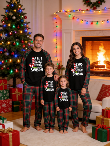Family Christmas Pajamas Set in Red & Dark Green Tartan Plaid with Candy Cane Jesus Is The Reason Graphic Classic Pullover Pajamas