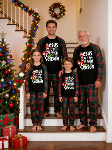 Family Christmas Pajamas Set in Red & Dark Green Tartan Plaid with Candy Cane Jesus Is The Reason Graphic Classic Pullover Pajamas