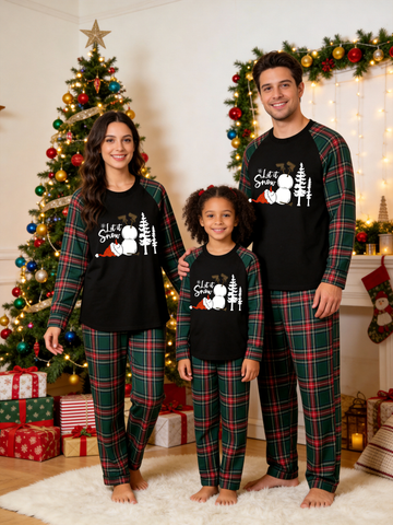Let It Snow Family Christmas Pajamas Set with Red & Green Plaid Pants and Melting Snowman Graphic Classic Pullover Pajamas