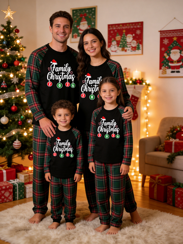 Family Christmas Pajamas Set in Red & Dark Green Tartan Plaid with Family Christmas 2026 Ornaments Graphic Classic Pullover Pajamas