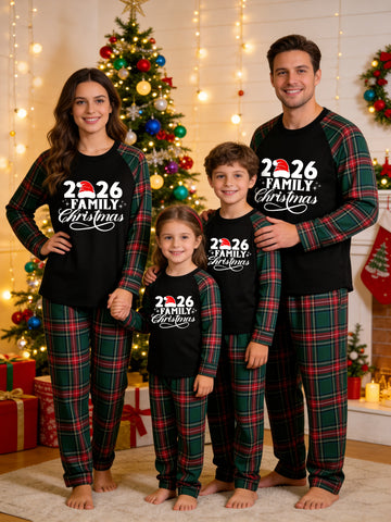 2026 Family Christmas Matching Pajamas Set with Red & Green Plaid Pants and Santa Hat Graphic Classic Pullover Pajamas