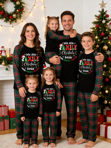 We Are Family Christmas Making Memories Together Pajamas Set with Red & Green Plaid Pants Classic Pullover Pajamas
