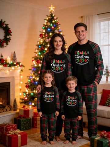 Family Christmas 2026 Making Memories Together Pajamas Set with Red & Green Plaid Tartan Pants Classic Pullover Pajamas
