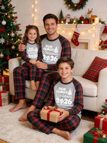 Christmas Family Red and Blue Plaid Pajamas Grey Ground with Lettering 'OUR FAMILY Christmas 2026' and Red Green Tartan Plaid Sleeves and Pants Holiday Matching Set
