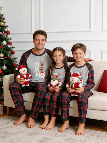 Christmas Family Red and Blue Plaid Pajamas Grey Ground with 'HO HO HO' Reindeer Gingerbread Man Santa Claus Graphic Print and Tartan Plaid Pants Set