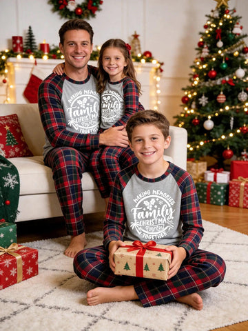 Christmas Family Red and Blue Plaid Pajamas Grey Ground with 'Making Memories Together' Circular Holiday Typographic Print and Tartan Plaid Matching Set