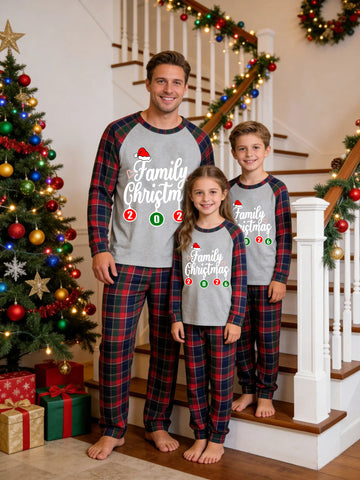 Christmas Family Red and Blue Plaid Pajamas Grey Ground with 'Family Christmas 2026' Santa Hat and Ornament Baubles Print Tartan Plaid Matching Set