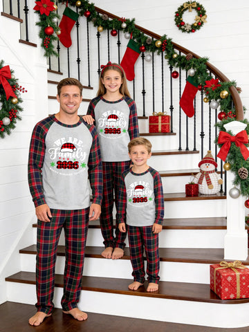 Christmas Family Red and Blue Plaid Pajamas Grey Ground with 'We Are Family 2026' Buffalo Check Santa Hat Graphic Print Tartan Plaid Set