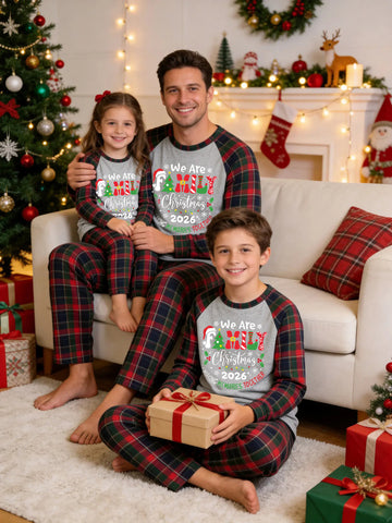 Christmas Family Red and Blue Plaid Pajamas Grey Ground with 'We Are Family Christmas 2026' Festive Holiday Graphic Print and Tartan Plaid Set