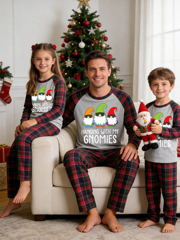 Christmas Family Red and Blue Plaid Pajamas Grey Ground with 'Hanging With My Gnomies' Cute Gnomes in Sunglasses Graphic Print and Tartan Plaid Set