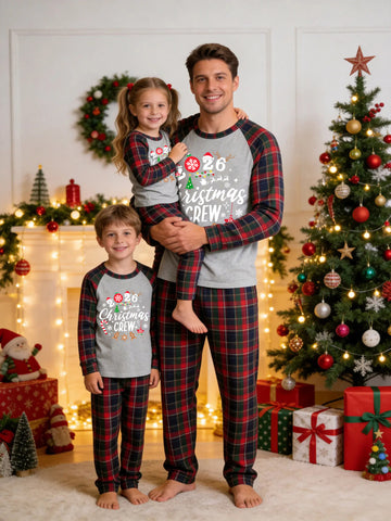 Christmas Family Red and Blue Plaid Pajamas Grey Ground with '2026 CHRISTMAS CREW' Gingerbread Men and Holiday Icons Print Tartan Plaid Set