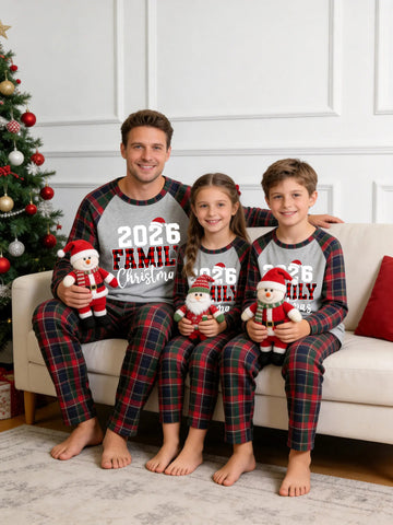 Christmas Family Red and Blue Plaid Pajamas Grey Ground with '2026 FAMILY CHRISTMAS' Buffalo Check Typographic Print and Tartan Plaid Outfit