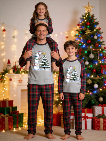 Christmas Family Red and Blue Plaid Pajamas Grey Ground with Stacking Snowmen and Decorated Christmas Tree Print Tartan Plaid Holiday Outfit