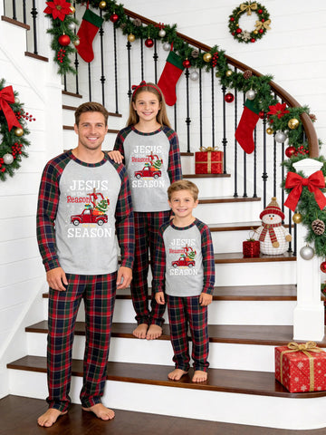 Christmas Family Red and Blue Plaid Pajamas Grey Ground with 'JESUS IS THE REASON FOR THE SEASON' Red Truck Carrying Christmas Tree Print Tartan Plaid Set