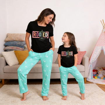 "Rooted in Christ" Printed Mom and Daughter Christian Design Matching Pajamas