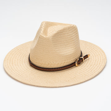 Straw Flat Brim Hat with Leather Trim
