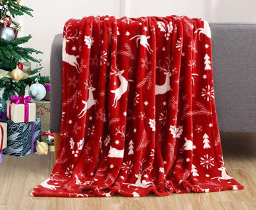 Red Reindeer Christmas Throw Flannel Blanket