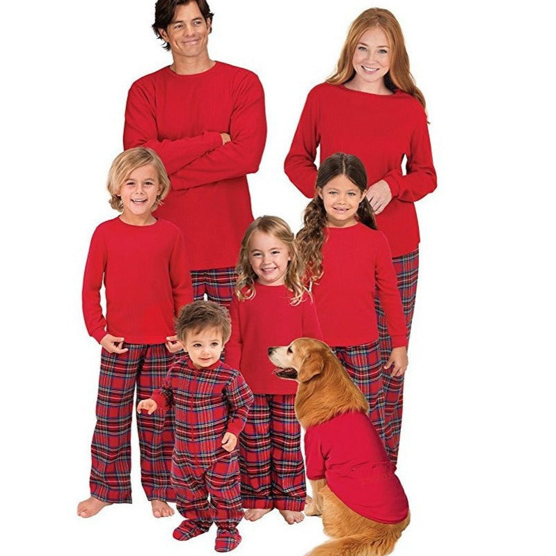 Christmas Long Sleeve Pure Red Top and Long Plaid Pants Family Matching Pajamas