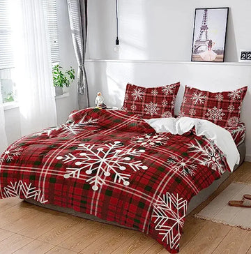 Red Reindeer and Plaid 3-Piece Bedding Set with Red and Black Stripes