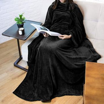 Wearable TV Blanket Black with Sleeves and Large Pocket Anti-Static Flannel