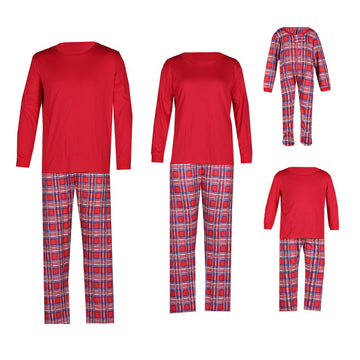 Christmas Long Sleeve Pure Red Top and Long Plaid Pants Family Matching Pajamas-2