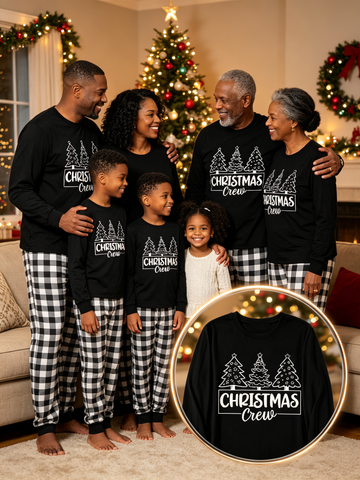 Family Matching Christmas Pajama Set | Soft 2-Piece Outfit with "Christmas Crew" Hand Drawn Tree Print & Black White Plaid Pants With Pockets
