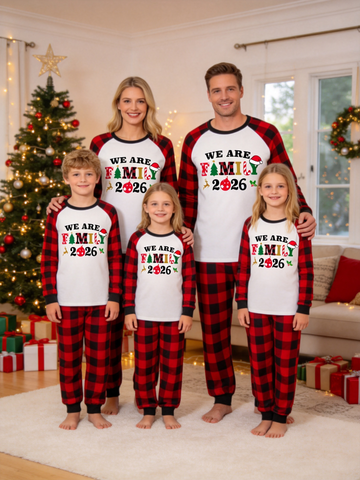 2026 Family Matching Christmas Pajama Set, Raglan Red Black Buffalo Plaid Long Sleeve Top with "We Are Family 2026" Christmas Element Letter Print, Red Black Plaid Pants, Soft Cozy Festive Loungewear for Family Holiday Photoshoot