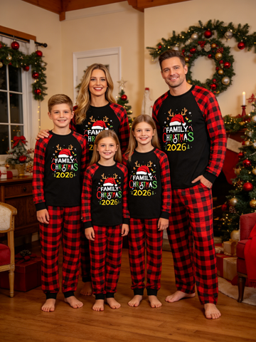 2026 Family Christmas Matching Pajamas Set, Buffalo Plaid Raglan Long Sleeve Top With Print, Pants With Pockets Holiday Sleepwear