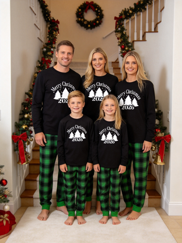 2-Piece Family Matching Christmas PJ Sets, 2026 Merry Christmas Tree Print Black Long Sleeve Top, Green Plaid Pants With Pockets, Matching Outfit For The Whole Family Holiday Photos
