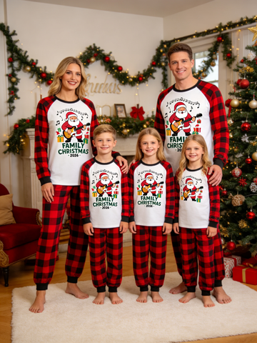 2026 Family Christmas Matching Pajamas Set, Guitar Santa Print Raglan Long Sleeve Top, Red Buffalo Plaid Jogger Pants With Pockets Holiday Sleepwear