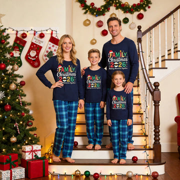 Family Matching Christmas Pajamas Set - Navy Blue Top with 'FAMILY Christmas 2026' Belt & Ornament Graphic & Blue Plaid Pants