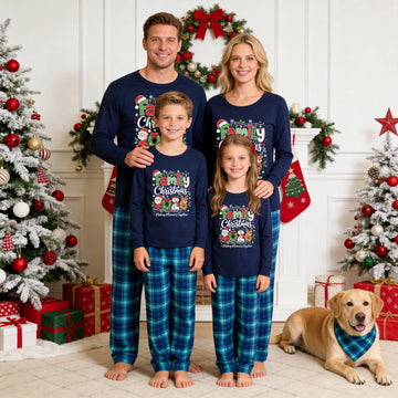 Family Matching Christmas Pajamas Set - Navy Blue Top with 'Family Christmas 2026' Festive Characters Graphic & Blue Plaid Pants
