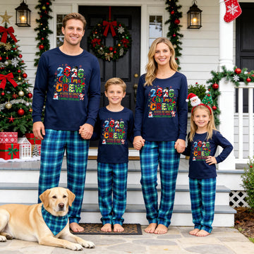 Family Matching Christmas Pajamas Set - Navy Blue Top with '2026 Christmas Crew' Festive Graphic & Blue Plaid Pants