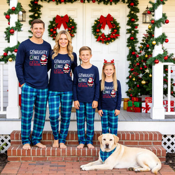 Family Matching Christmas Pajamas Set - Navy Blue Top with Funny 'Naughty Nice Drunk' Santa Graphic & Blue Plaid Pants