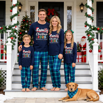 Family Matching Christmas Pajamas Set - Navy Blue Top with 'Family Christmas 2026' Festive Lettering & Blue Plaid Pants