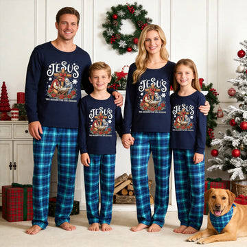 Family Matching Christmas Pajamas Set - Navy Blue Long Sleeve Top with 'JESUS Nativity Scene' Graphic & Blue Plaid Pants
