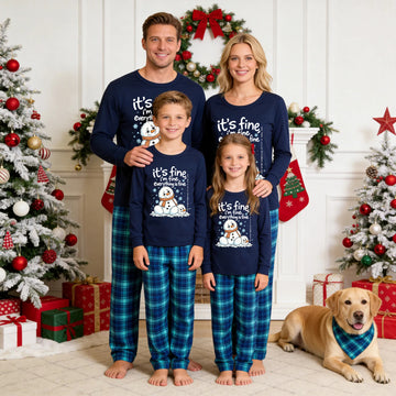 Family Matching Christmas Pajamas Set - Navy Blue Top with Funny 'It's Fine Snowman' Graphic & Blue Plaid Pants