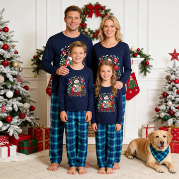 Family Matching Christmas Pajamas Set - Navy Blue Top with 'Cozy Christmas' Snowman & Hot Cocoa Graphic & Blue Plaid Pants