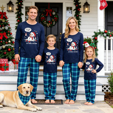 Family Matching Christmas Pajamas Set - Navy Blue Top with Funny 'Melting Snowman' Graphic & Blue Plaid Pants