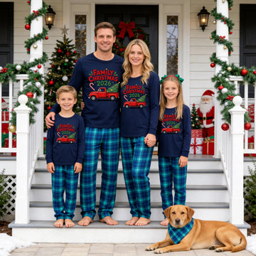 Family Matching Christmas Pajamas Set - Navy Long Sleeve Top with Red Vintage Christmas Truck Graphic & Blue Plaid Pants